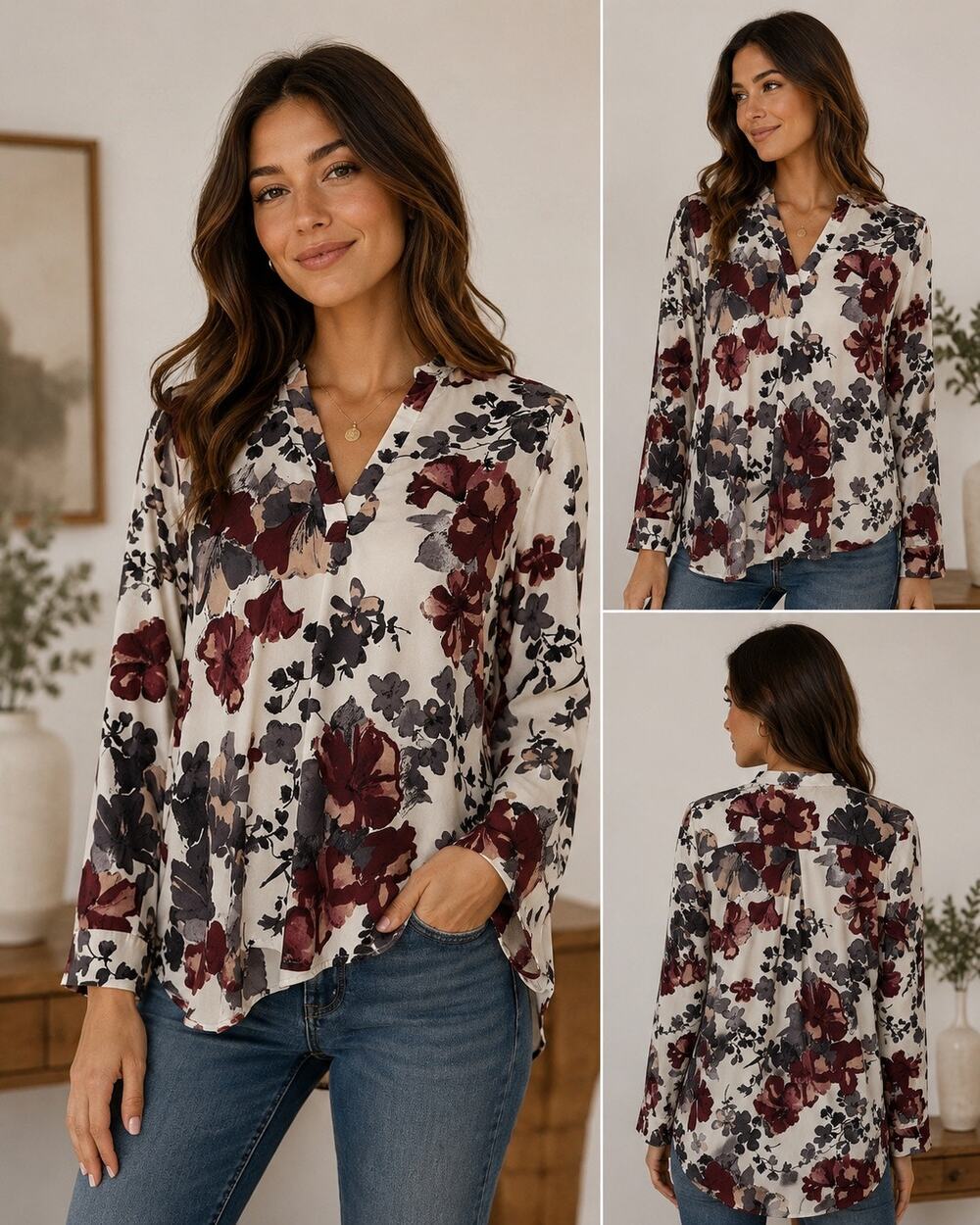 Honey Belle Floral Blouse NWT Size Large Ivory Burgundy Long Sleeve Tunic Top